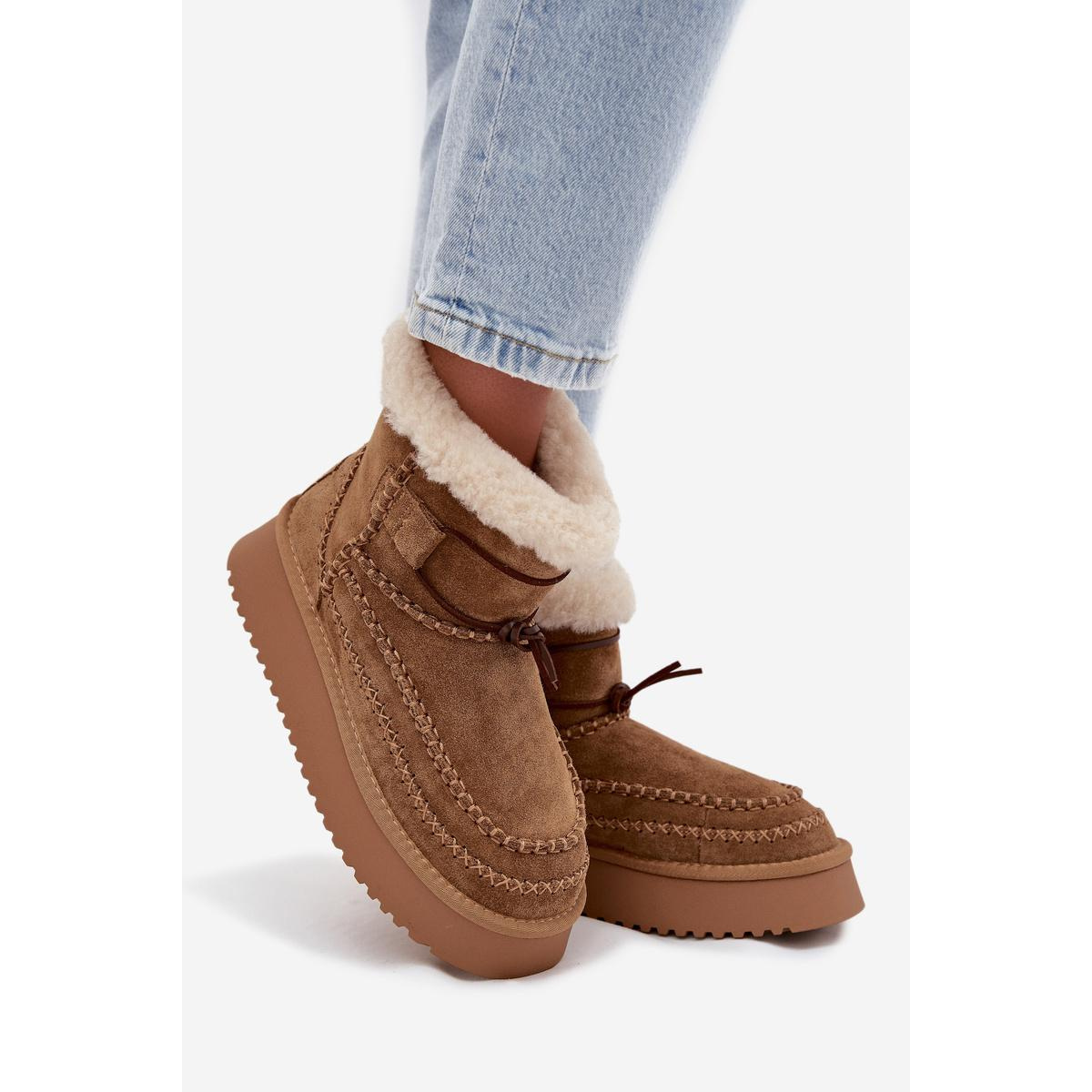 Semišové dámske snehule s ozdobnými švami Big Star SS274373 Camel - Odtiene hnedej a béžovej