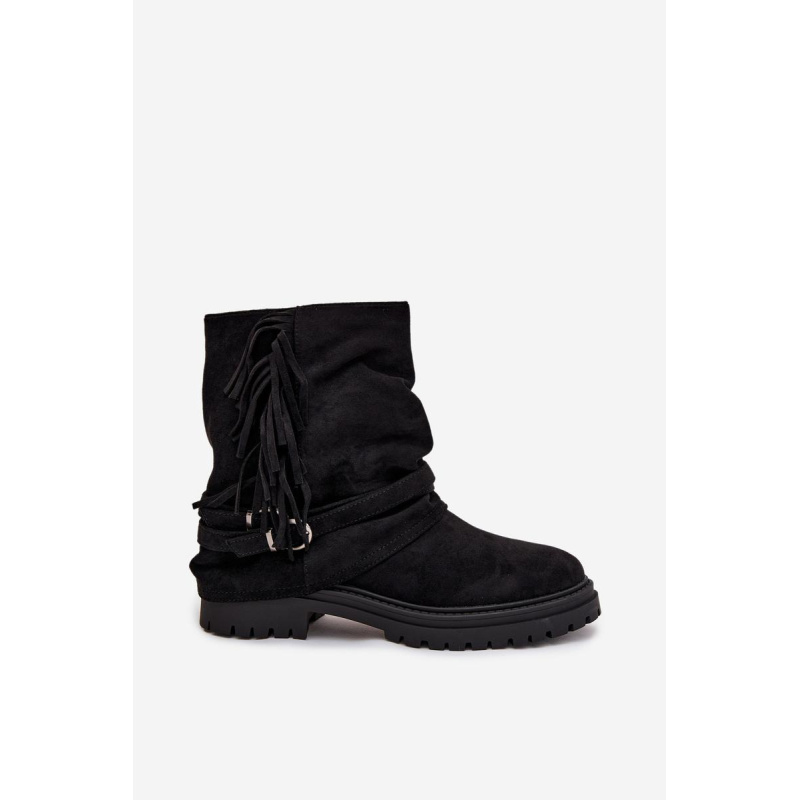 Zateplené dámske členkové topánky s frínzami a klarami na plochej podrážke Čierne Helianne - Čierna
