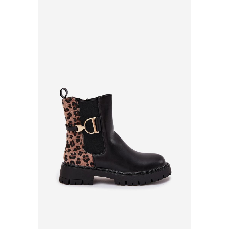 Zateplené Členkové Čižmy Ženy S Zlatým Detaily Leopard Čierne Priscilla - Čierna