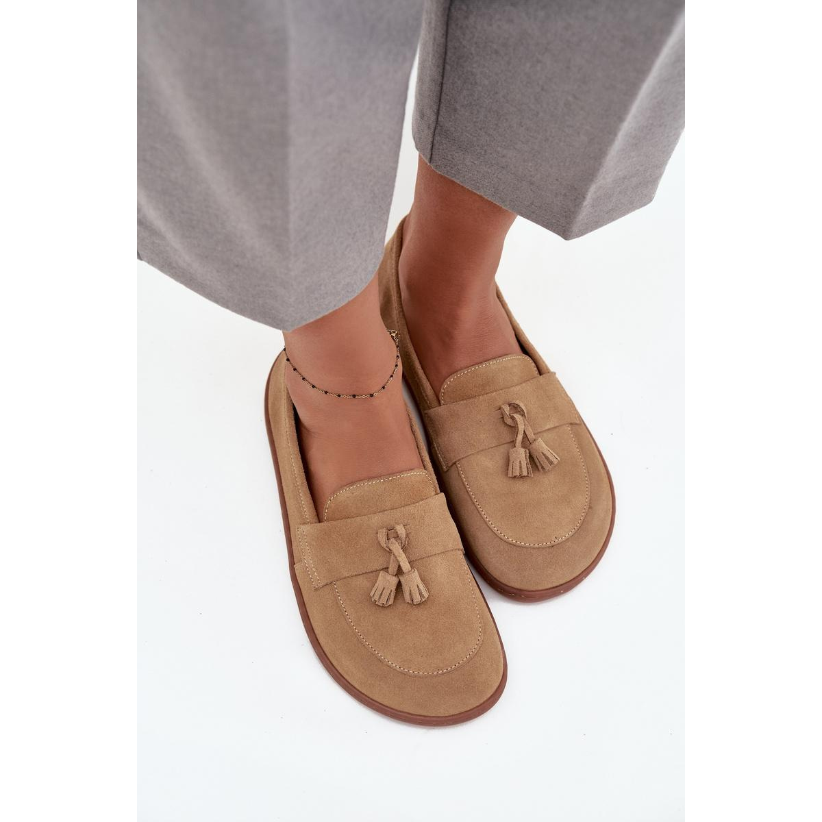 Kožené semišové mokasíny typu barefoot Zazoo 322 béžové - Béžová