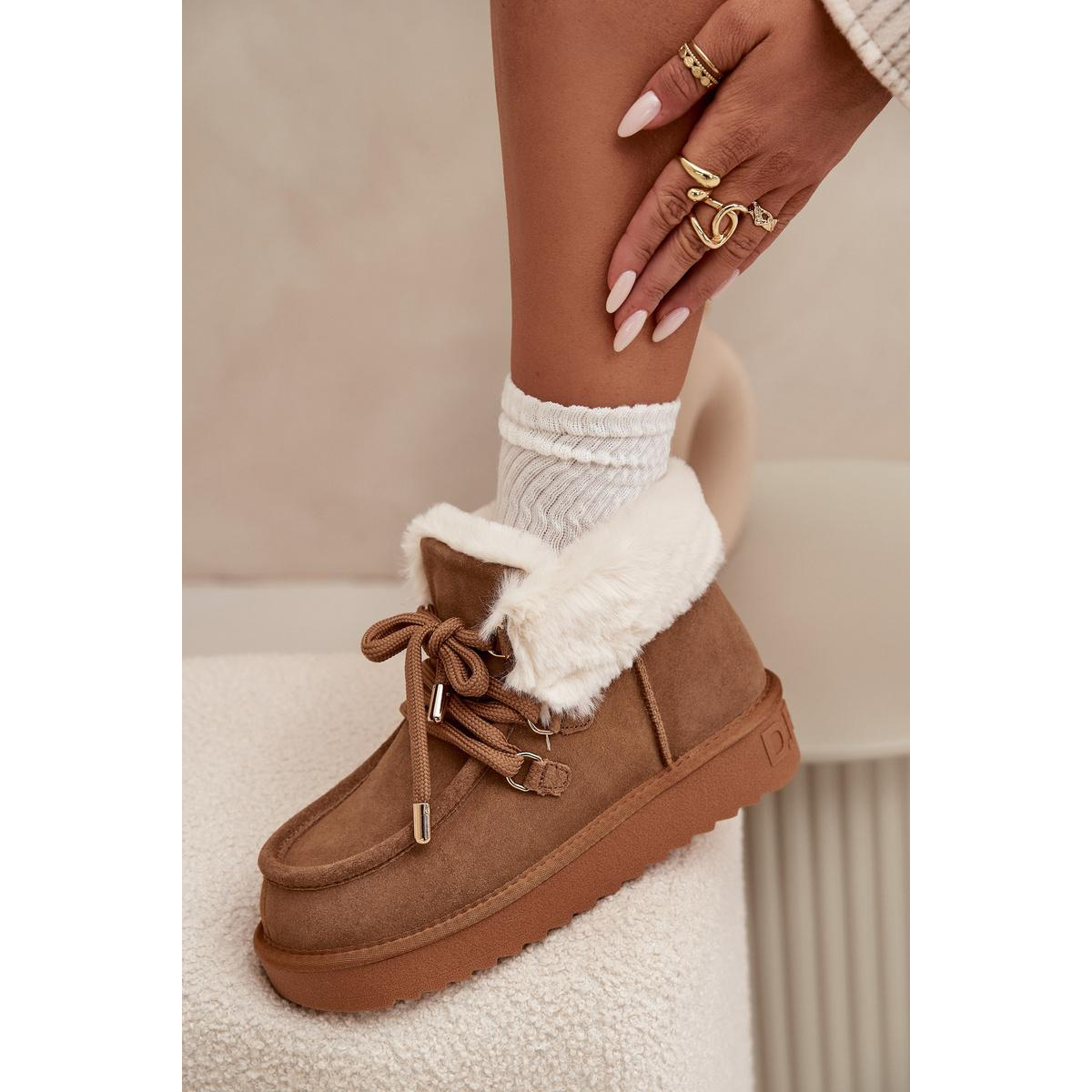 Dámske snehule z prírodného semišu D.Franklin DFSH375006 Camel - Odtiene hnedej a béžovej