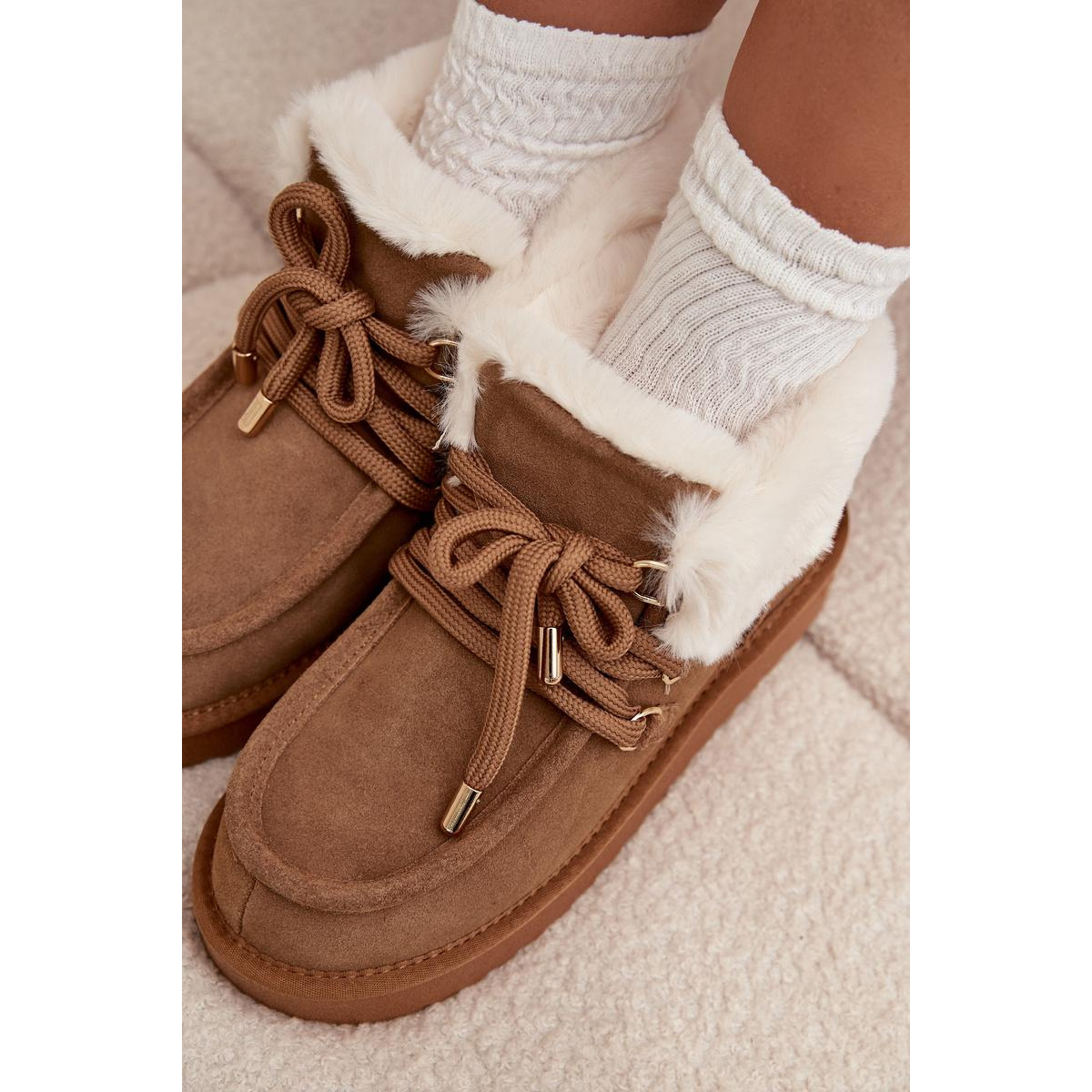 Dámske snehule z prírodného semišu D.Franklin DFSH375006 Camel - Odtiene hnedej a béžovej